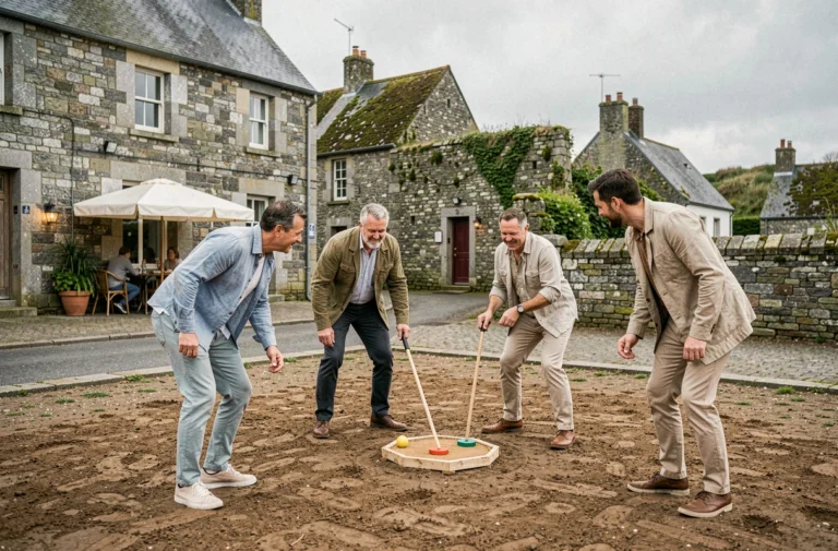 Groupe d'adultes jouant au palet breton dans une place de village en Bretagne, entourés de murs en granit traditionnels