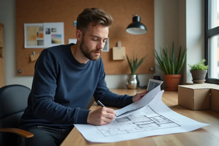 Jeune architecte comparant un plan imprimé et un modèle 3D sur tablette dans un bureau de travail créatif
