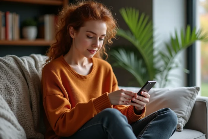 Jeune femme consultant l'heure d'envoi d'un e-mail sur son smartphone depuis son canapé