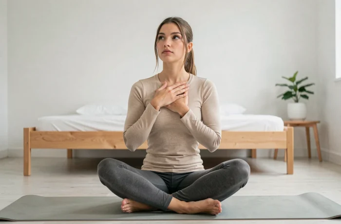 Jovem mulher em posição de meditação em seu quarto, mãos sobre o peito e a garganta, simbolizando a ligação entre estresse emocional e tensões físicas na garganta