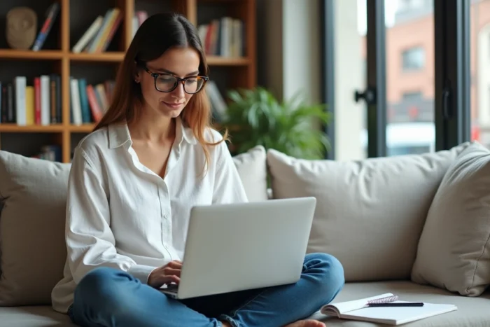 Une jeune femme optimisant le contenu SEO de son site web depuis son salon avec un ordinateur portable