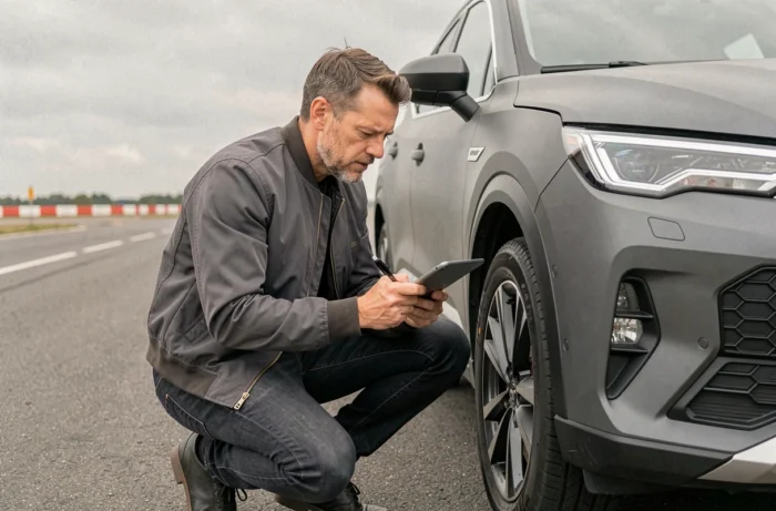 Journaliste automobile évaluant un SUV hybride nouvelle génération sur une piste d'essai extérieure