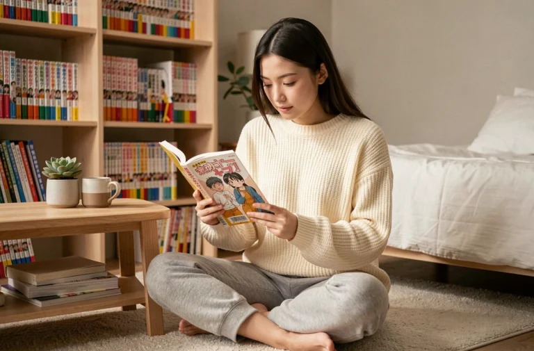 Jeune femme lisant un manga yaoi dans une chambre cosy entourée de bibliothèques remplies de volumes manga