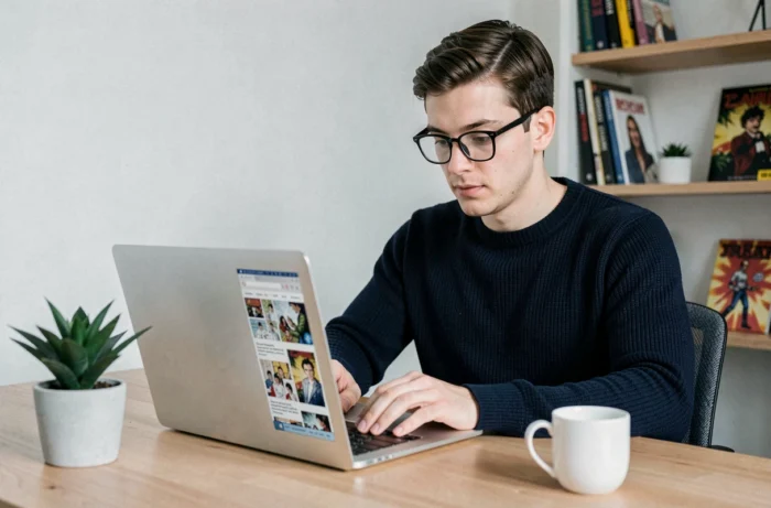 Jeune homme lisant des scans manga yaoi en ligne sur un ordinateur portable dans un bureau minimaliste moderne