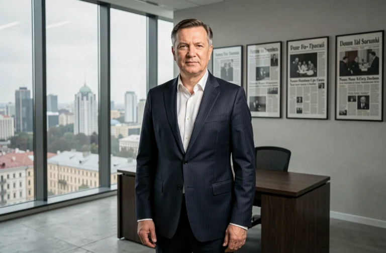 Portrait d'un magnat des médias russes en costume dans un bureau moderne de Moscou, illustrant la fortune et le pouvoir d'un oligarque influent
