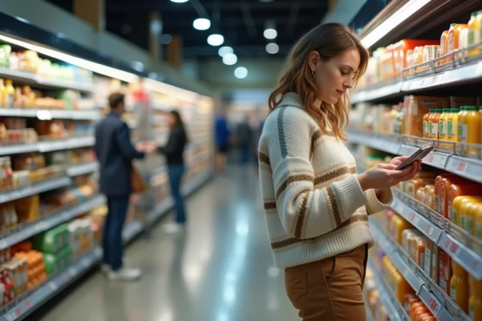 Maman faisant ses courses au supermarché en lisant les étiquettes de produits avec attention