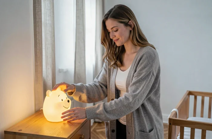 Jeune maman installant une veilleuse Winnie l'Ourson près du berceau de son bébé dans une chambre minimaliste scandinave