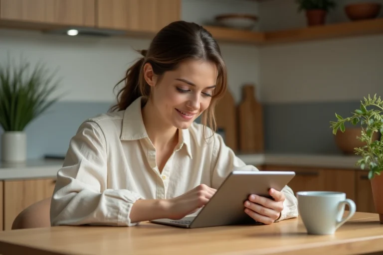 Maman dans la trentaine consultant les dernières tendances sur une tablette dans sa cuisine moderne le matin