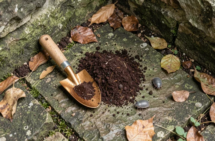 Primo piano di fondo di caffè posato su una pietra da giardino con porcellini d'India visibili nelle vicinanze