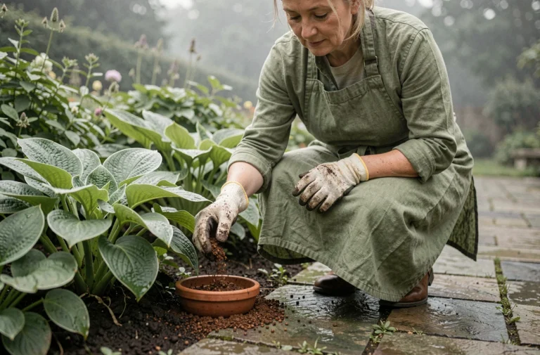 Femme au jardin qui répand du marc de café autour de plantes pour éloigner les cloportes