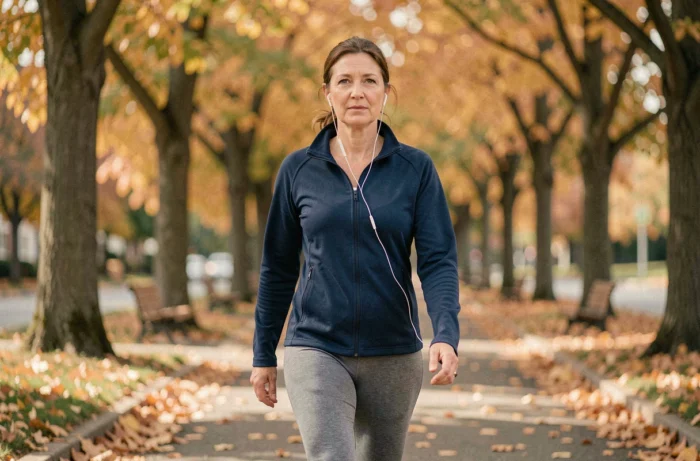 Femme marchant rapidement dans un parc en automne pour prendre soin de sa santé physique au quotidien