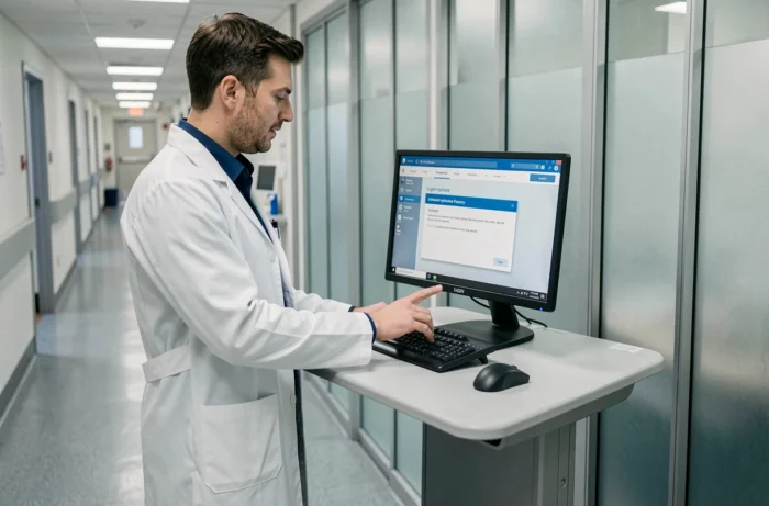 Médecin en blouse blanche configurant les paramètres de connexion du portail Medisys sur un ordinateur dans un couloir hospitalier