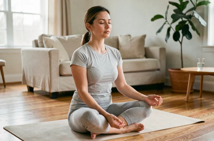 Femme pratiquant la méditation sur un tapis de yoga dans un salon lumineux pour prendre soin de sa santé au quotidien