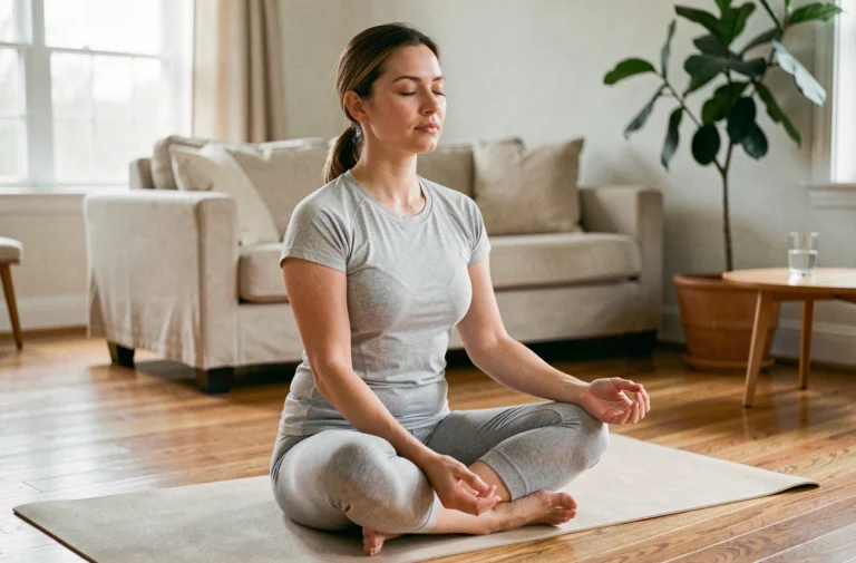 Femme pratiquant la méditation sur un tapis de yoga dans un salon lumineux pour prendre soin de sa santé au quotidien