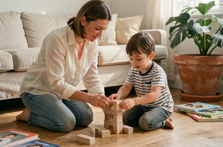 Mère et enfant jouant ensemble avec des blocs en bois sur le sol d'un salon chaleureux, illustrant une parentalité sereine au quotidien