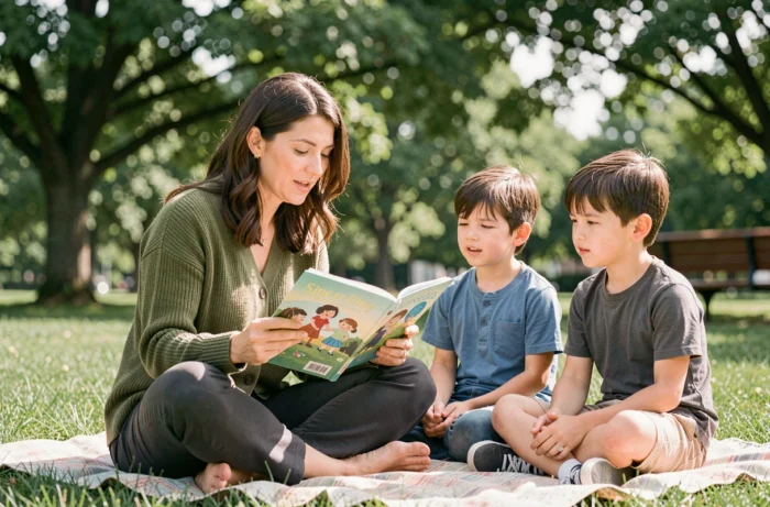 Mère lisant un livre illustré à ses deux enfants dans un parc verdoyant, incarnant une parentalité épanouie et des moments de complicité en plein air