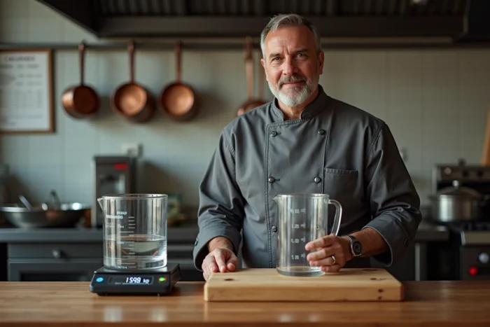 Chef cuisinier mesurant 1,5 litre dans un pichet gradué posé sur une balance professionnelle en cuisine