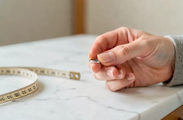 Femme mesurant une bague taille 9 avec un mètre ruban sur un plan en marbre