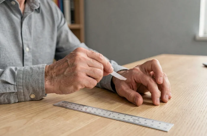 Homme mesurant son doigt avec une bande de papier et une règle pour trouver la taille 9 en mm
