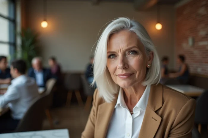 Femme avec un micro bob effilé sous les oreilles, coiffure nette et élégante après 70 ans