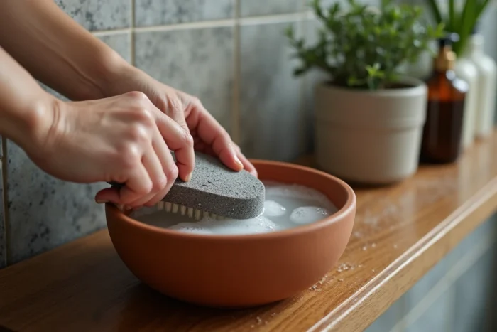Mains nettoyant une pierre ponce avec une brosse à ongles au-dessus d'un bol en terre cuite pour éliminer les impuretés incrustées