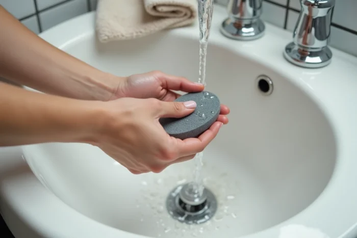 Femme rinçant une pierre ponce sous l'eau courante dans un lavabo en céramique blanche pour l'entretenir au quotidien