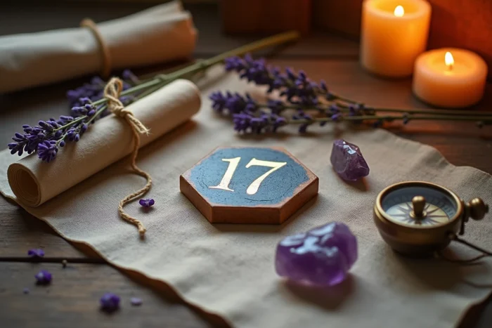 Nature morte ésotérique avec le chiffre 17 en feuille d'or sur une tuile céramique entourée de cristaux et symboles spirituels