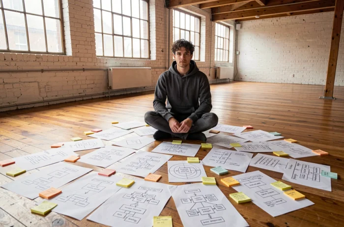 Développeur web organisant la structure d'un site web avec des diagrammes XML imprimés sur le sol d'un studio créatif
