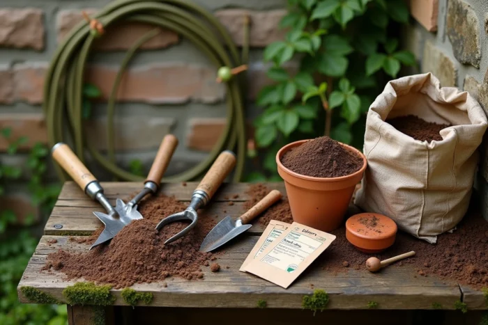 Outils de jardinage et matériel de rempotage disposés sur un établi en bois devant un abri de jardin en pierre avec des roses grimpantes