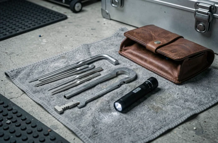 Outils professionnels de serrurier pour intervention d'urgence présentés sur un étui en cuir