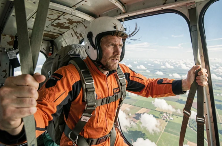 Parachutiste en combinaison orange debout à la porte ouverte d'un avion, prêt à sauter en parachute avec un paysage agricole visible en contrebas
