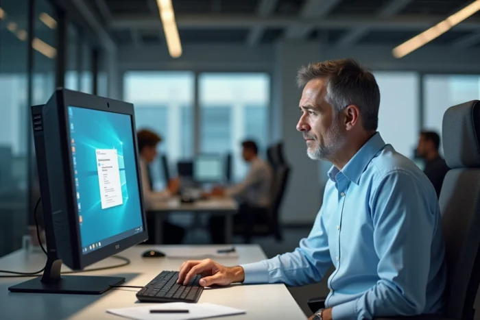 Homme consultant les paramètres Windows pour résoudre un problème de raccourci d'impression au bureau
