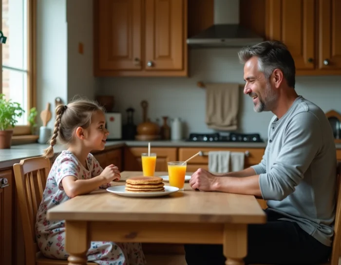Père et fille partageant un petit-déjeuner convivial dans une cuisine familiale chaleureuse, moment de parentalité épanouie