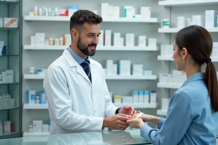 Pharmacien examinant le doigt blessé d'un patient en pharmacie, conseil professionnel pour soins d'ongle arraché