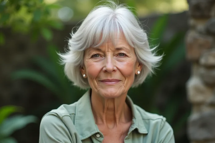 Femme de 70 ans avec un pixie cut et une frange rideau effilée encadrant délicatement le visage