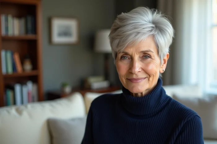 Femme de 70 ans avec une coiffure pixie texturée et volumineuse sur le dessus en argent