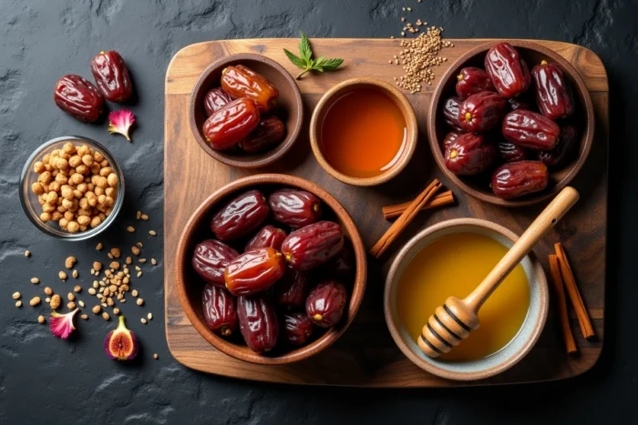 Plateau de dégustation avec différentes variétés de dattes, noix, figues séchées et miel disposés en flat lay sur ardoise sombre