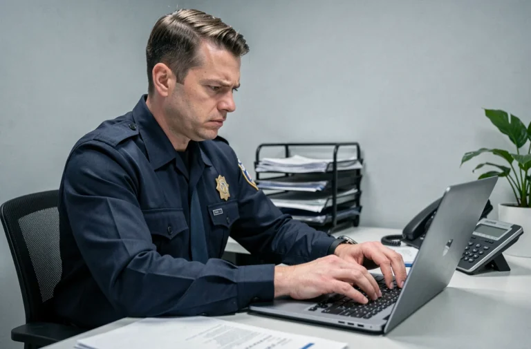 Agent de police en uniforme tapant sur un ordinateur portable pour résoudre un problème de mot de passe e-campus