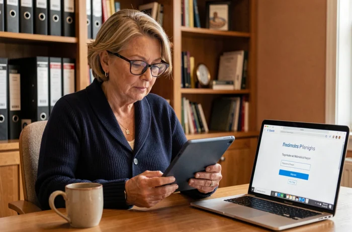 Femme d'âge mûr résolvant des problèmes de connexion au portail Medisys depuis son bureau à domicile avec tablette et ordinateur portable