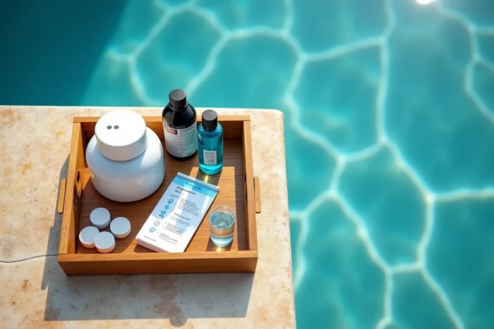 Produits d'entretien de piscine disposés sur le bord du bassin avec un échantillon d'eau bleue transparente