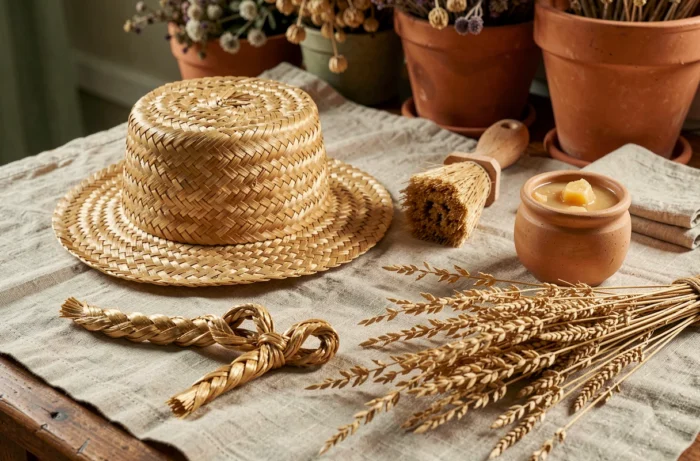 Gros plan sur des objets en or végétal artisanal et produits d'entretien naturels disposés sur du lin brut