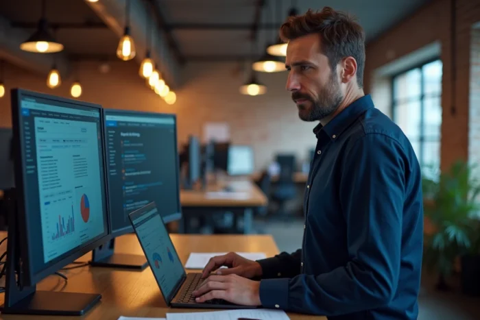 Un professionnel analysant les résultats de référencement naturel sur deux écrans dans un espace de coworking