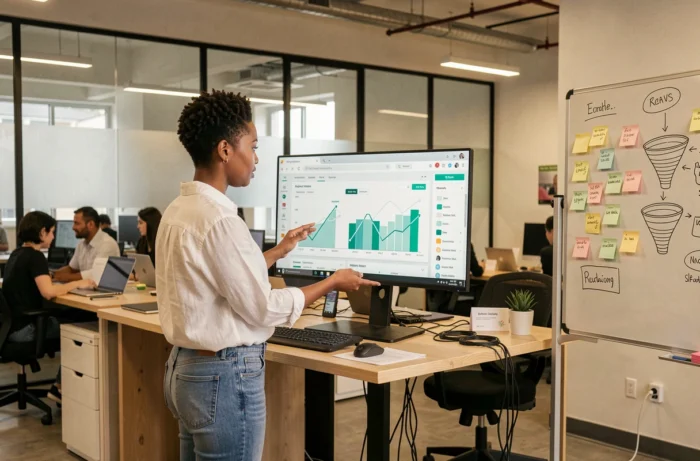Professionnelle du marketing analysant des données sur un tableau de bord open source Linux dans un espace de coworking moderne