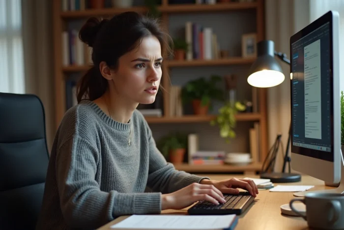 Femme frustrée appuyant sur un raccourci clavier d'impression sur son ordinateur de bureau à domicile