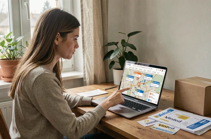 Joven mujer buscando el mejor punto de recogida Mondial Relay en un mapa en línea desde su oficina para enviar un paquete Vinted
