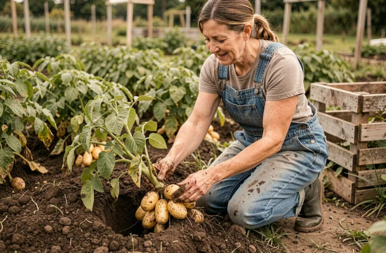 Femme qui récolte des pommes de terre dans un potager en fin d'été, révélant des tubercules dorés accrochés aux racines