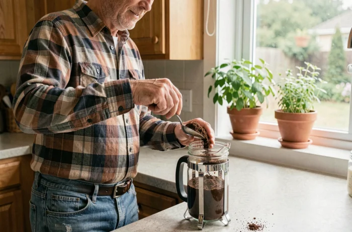 Uomo che recupera fondo di caffè da una caffettiera per utilizzarlo come repellente naturale contro i porcellini d'India in giardino