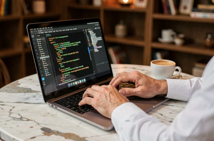 Mains d'un professionnel tapant un sitemap XML dans un éditeur de code sur un laptop dans un café