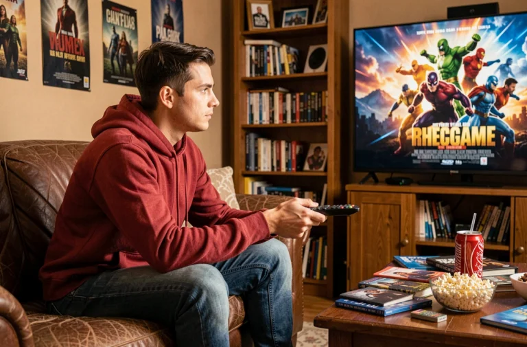 Jeune homme regardant un film Spider-Man sur sa télévision dans un salon confortable avec popcorn
