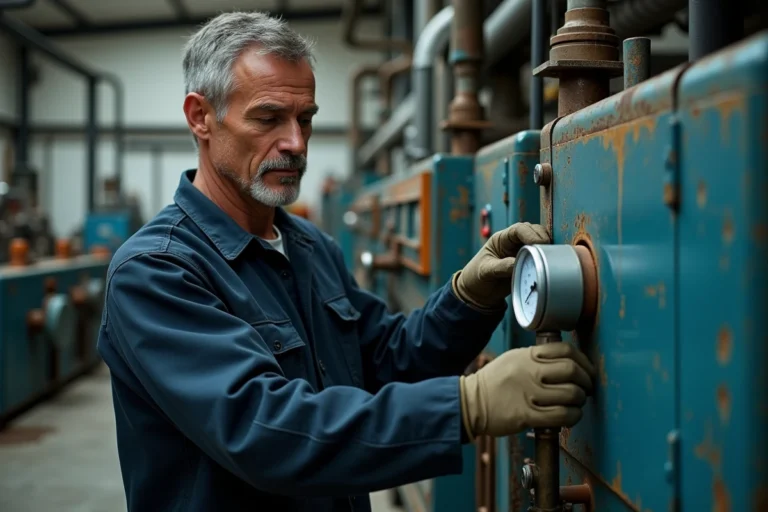 Technicien ajustant une jauge de pression hydraulique sur un panneau de commande industriel en atelier